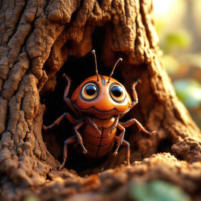 The primary subject of the image is a small, colorful insect, possibly a grasshopper or a beetle, sitting in a hole or crevice in a tree. The setting is a natural environment, with the tree providing a backdrop for the insect. The visual style of the image is a close-up, with the insect being the main focus. The colors and mood of the image are vibrant and lively, with the insect's bright colors and the tree's natural texture creating a sense of life and